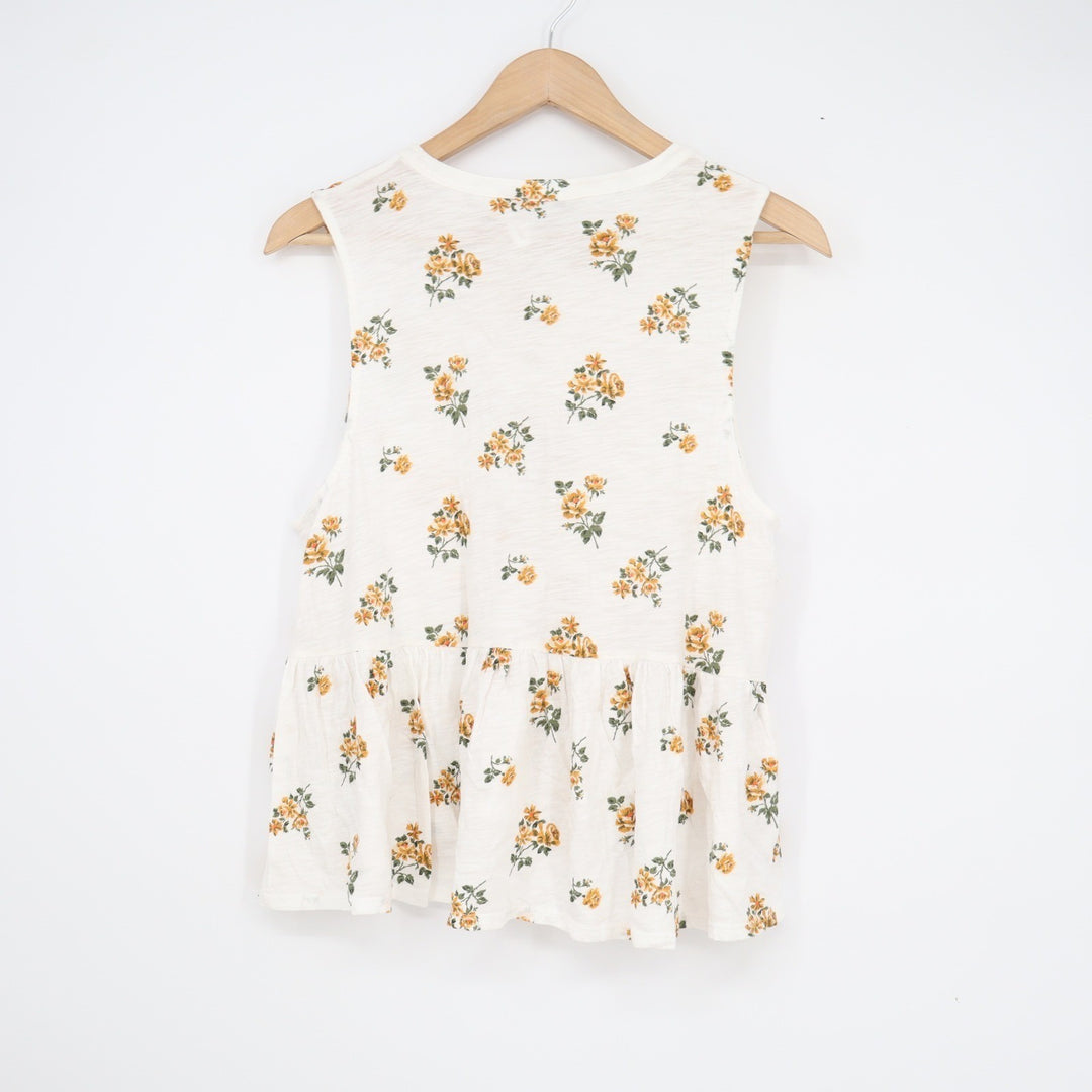 Lucky Brand Ivory Yellow Floral Lace Up Peplum Sleeveless Top Large