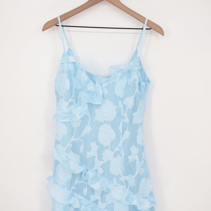 Showpo Michaela Light Blue Floral Jacquard Ruffle Tiered Midi Dress US 8