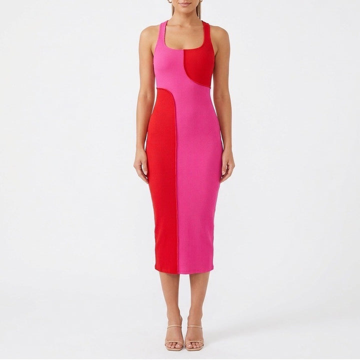 Naked Wardrobe Pink Red Colorblock Ribbed Midi Dress Small Racerback