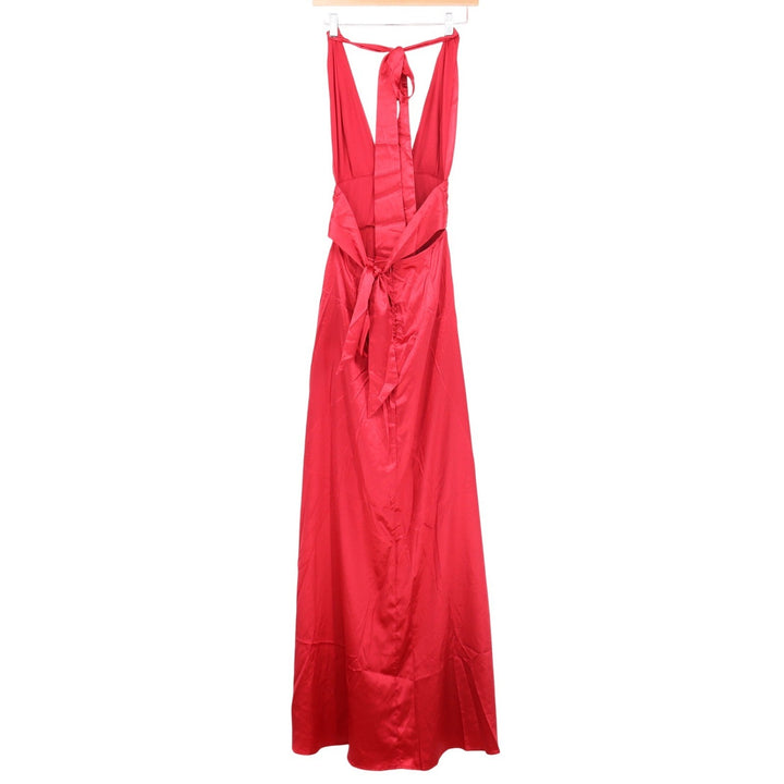 Lucy In The Sky Red Satin Halter Maxi Dress Deep V-Neck Wrap Waist Size S