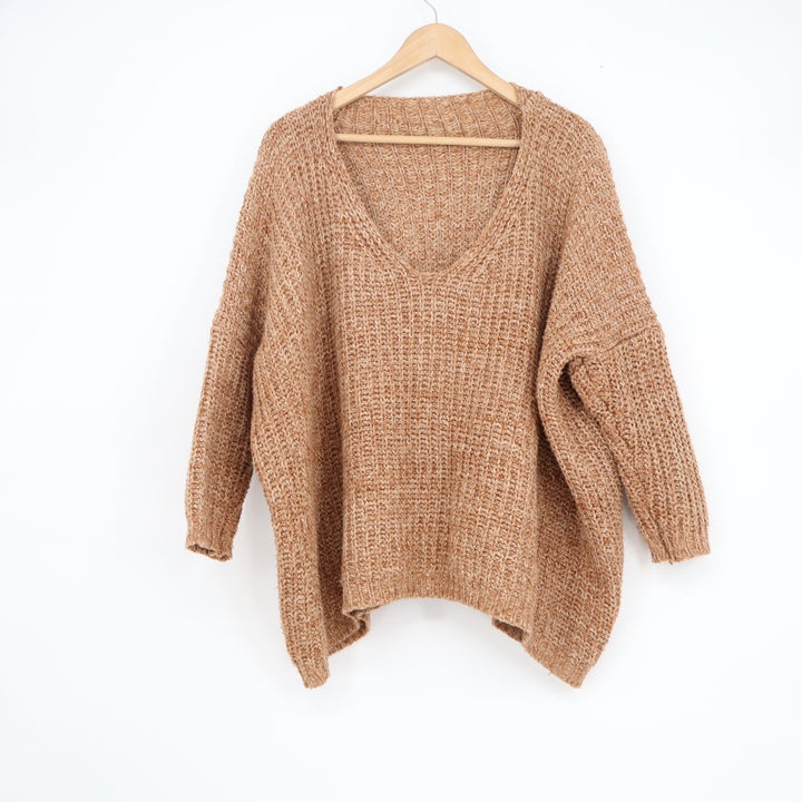 Oversized Chunky Knit V-Neck Sweater Tan Marl Boho Slouchy Pullover