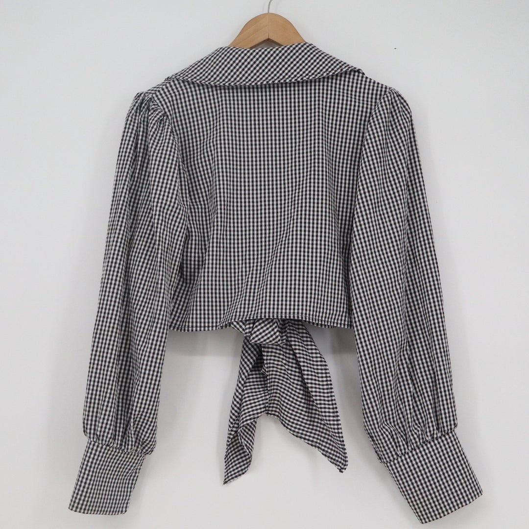 SHEIN Black White Gingham Tie Front Crop Top Puff Sleeve Notched Collar L 8/10
