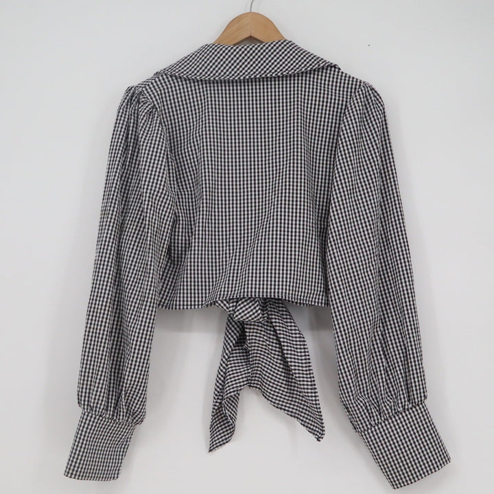 SHEIN Black White Gingham Tie Front Crop Top Puff Sleeve Notched Collar L 8/10
