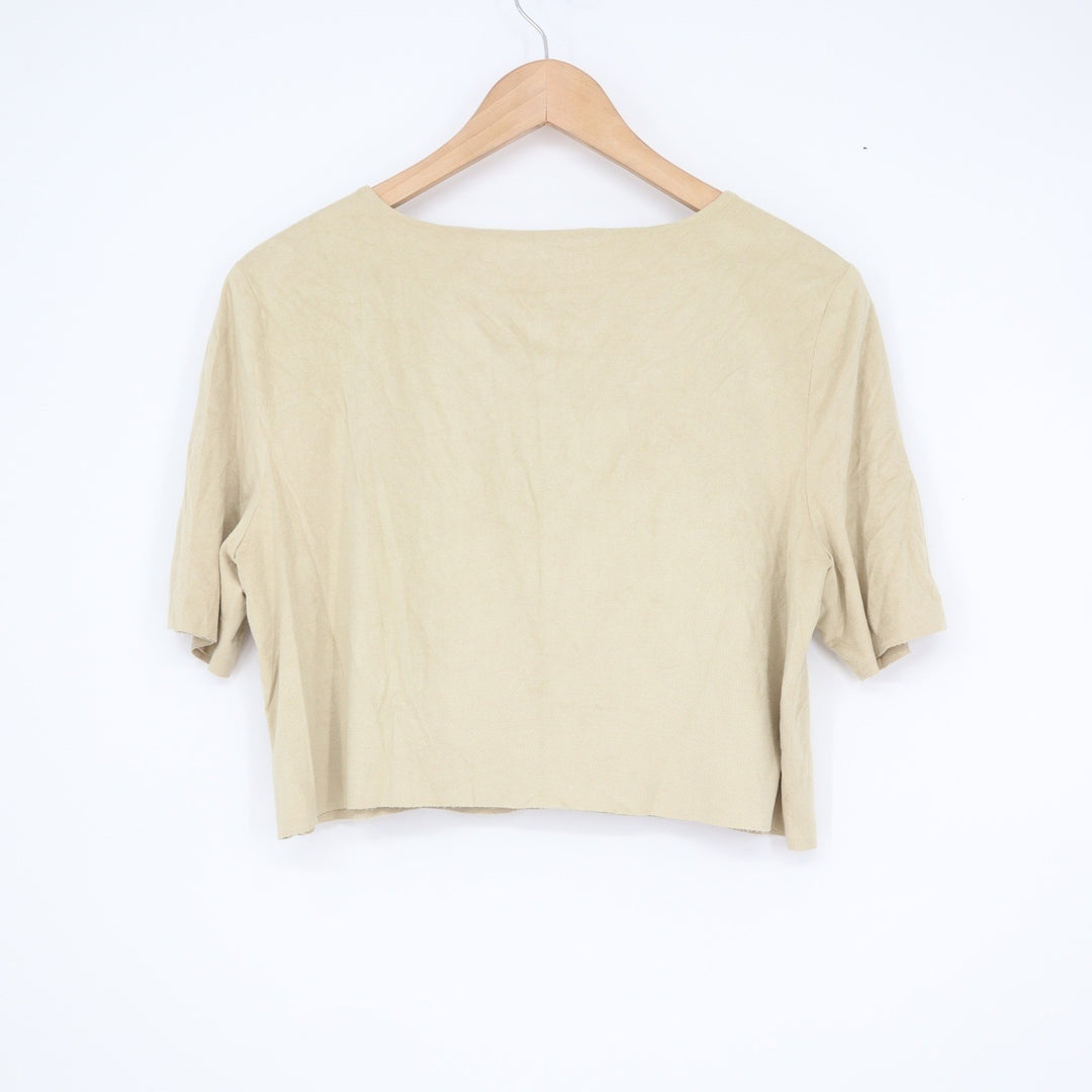 BCBGeneration Tan Beige Faux Suede Short Sleeve Crop Top Size M Raw