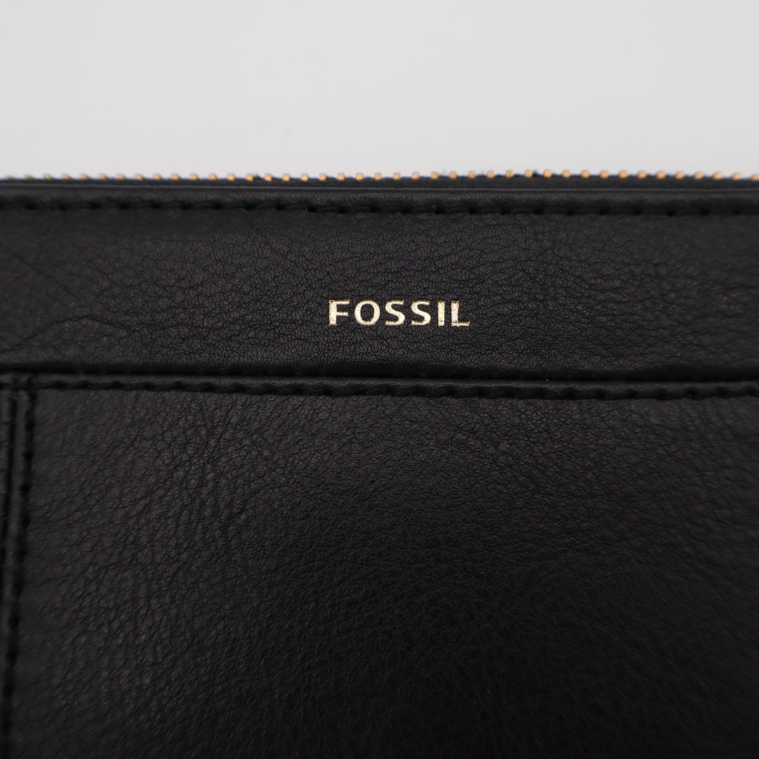 Fossil Jori RFID Womens Black Pebbled Leather Zip Around Wristlet Strap Clutch