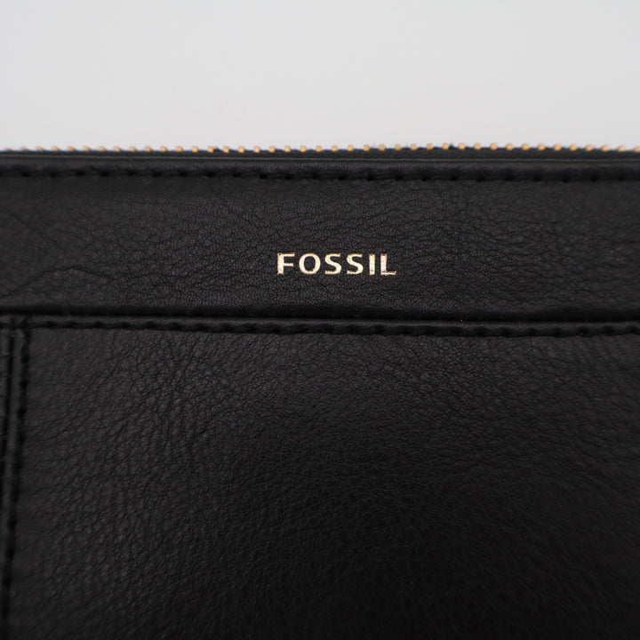 Fossil Jori RFID Womens Black Pebbled Leather Zip Around Wristlet Strap Clutch