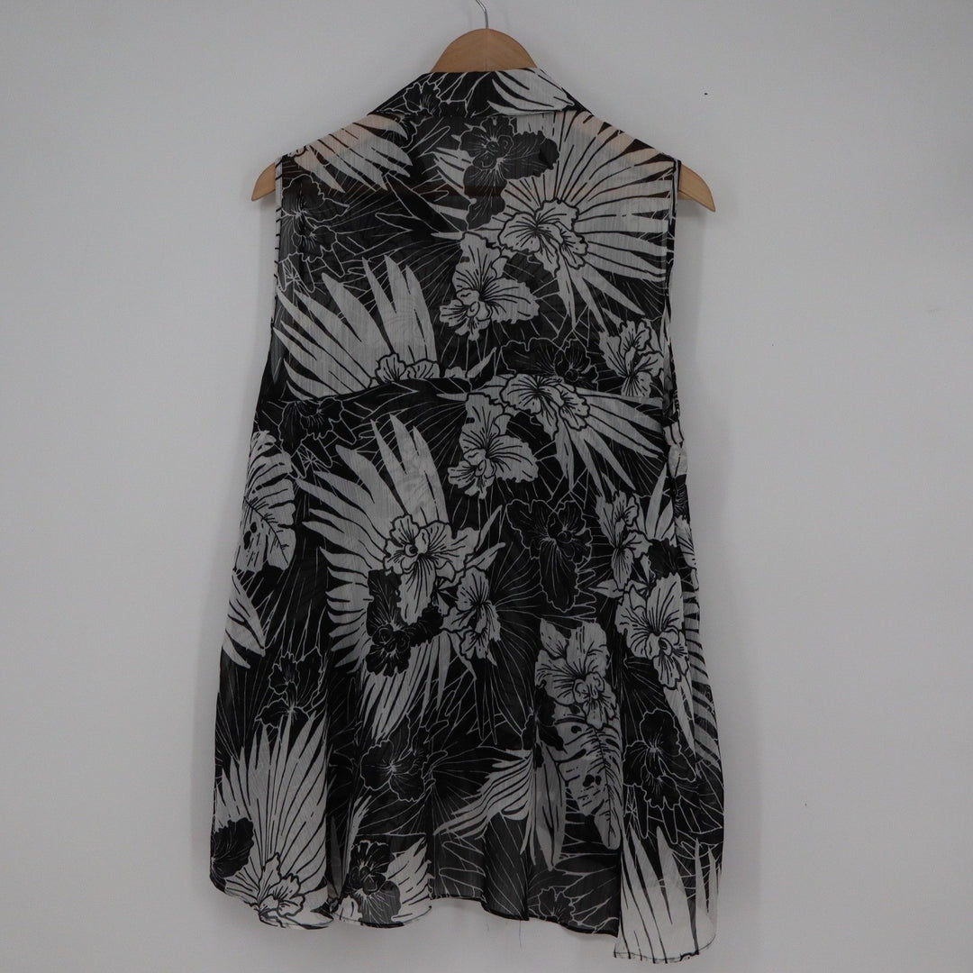 Black White Tropical Floral Sheer Sleeveless Button Up Blouse Top Large