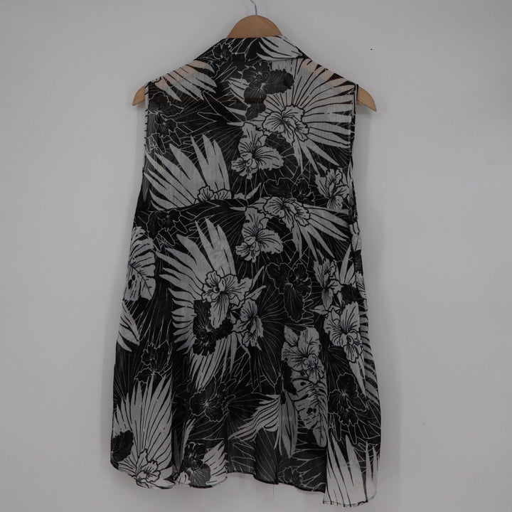 Black White Tropical Floral Sheer Sleeveless Button Up Blouse Top Large