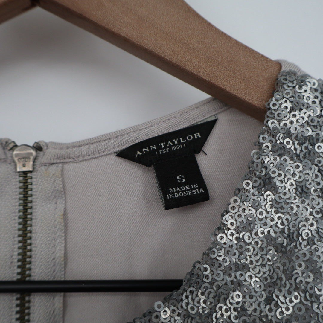 Ann Taylor Womens Sequined Tank Top Silver Size S Zipper Back