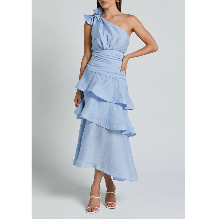 Showpo Eugenia Midi Dress One Shoulder Ruffle Tiered Pale Blue Size 4