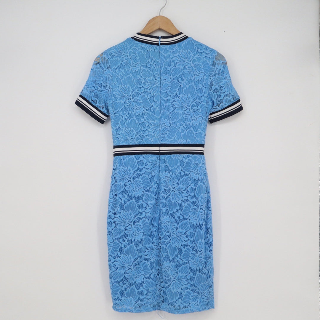 Amisu Blue Floral Lace Sheath Dress Striped Trim Short Sleeve Size 6