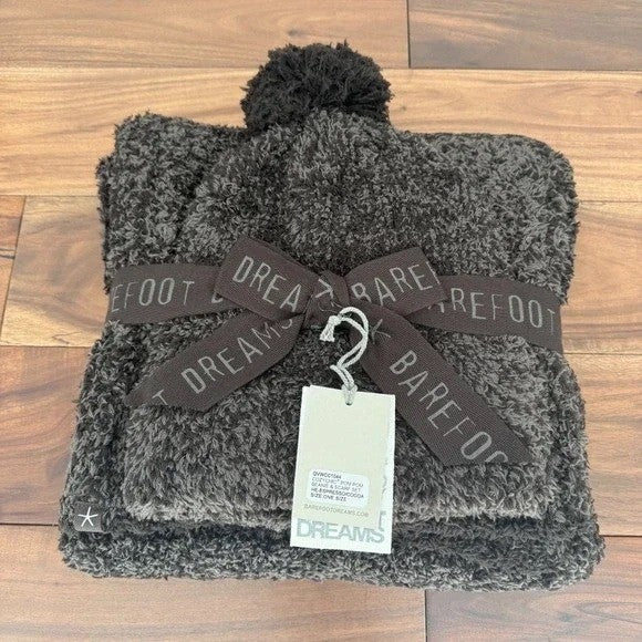 Barefoot Dreams CozyChic Pom Pom Beanie & Scarf Set Womens Espresso Cocoa Winter