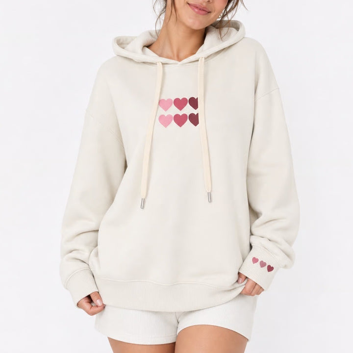 Cream Heart Graphic Pullover Hoodie Sweatshirt Pink Hearts Size M