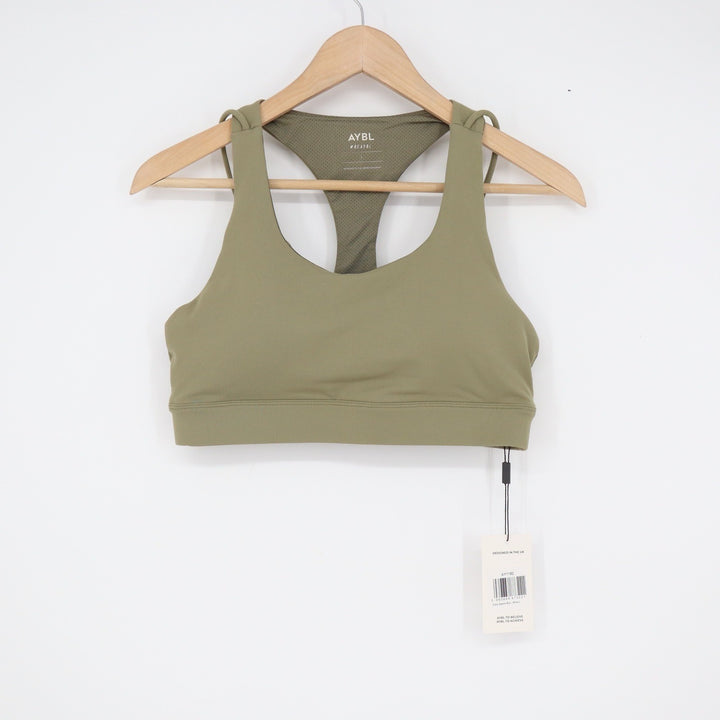 AYBL Core Sports Bra Olive Green Racerback Mesh Lined Size L