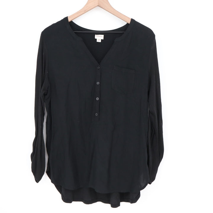 Merona Tunic Top Womens L Black Button Split Neck Roll Tab Sleeve Front Pocket