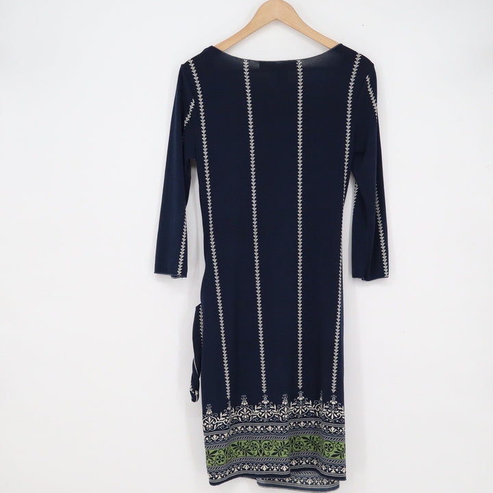 Max Studio Navy Blue Faux Wrap Dress 3/4 Sleeve Border Print S