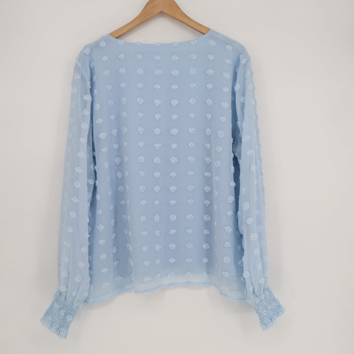 Blooming Jelly Tunic Blouse Women 2XL Light Blue Pom Pom Round Neck Smocked Calf