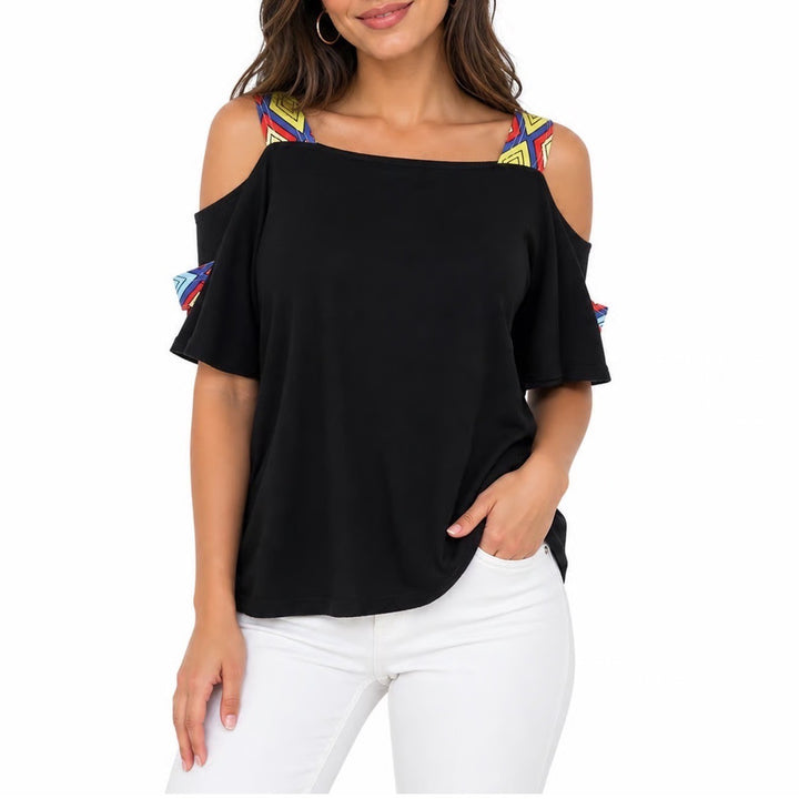 Black Cold Shoulder Cutout Top Geometric Print Straps Short Sleeve Large JKB392