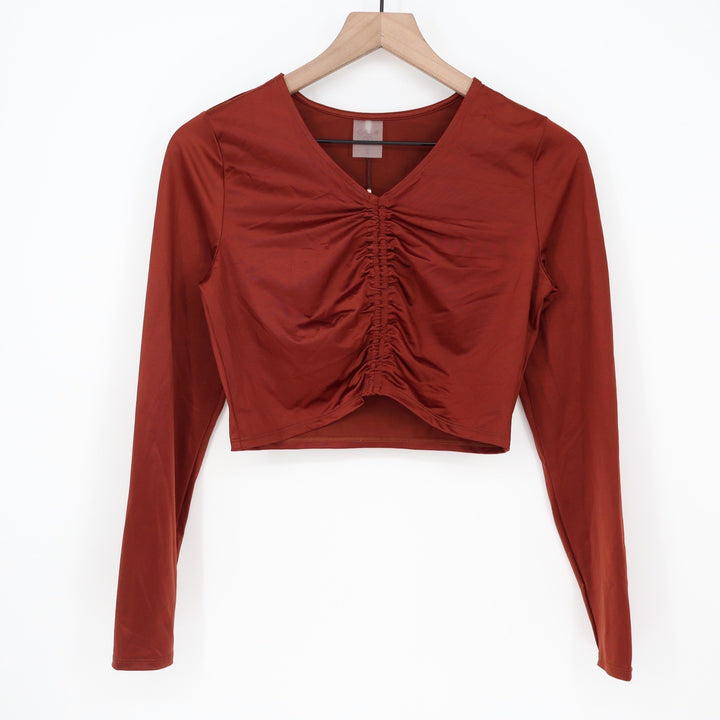 Calia LS Ruched Rashguard Red Brown Shine Long Sleeve Crop Swim Top S