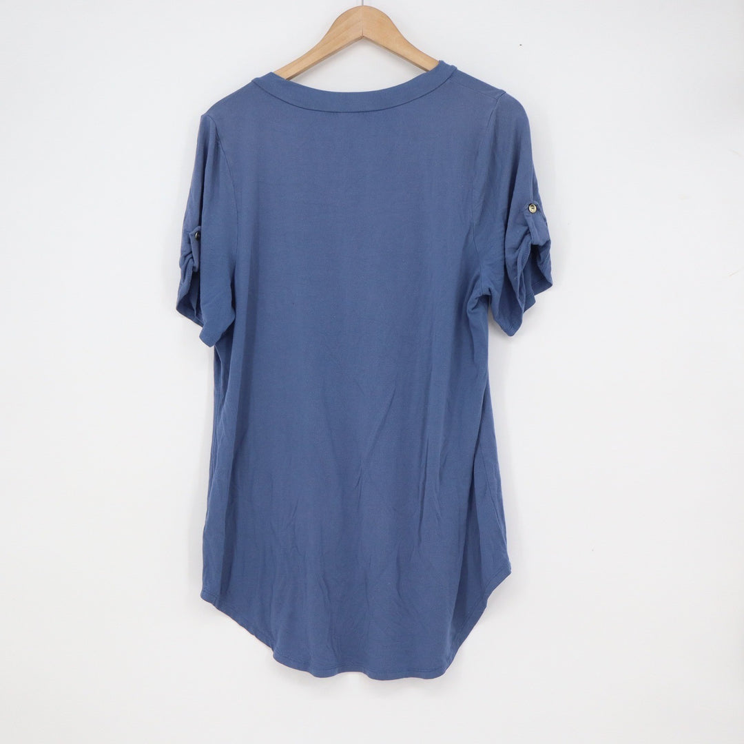 Haute Fox Blue V-Neck Roll-Tab Sleeve Pocket Tunic Top Womens 2X XXL
