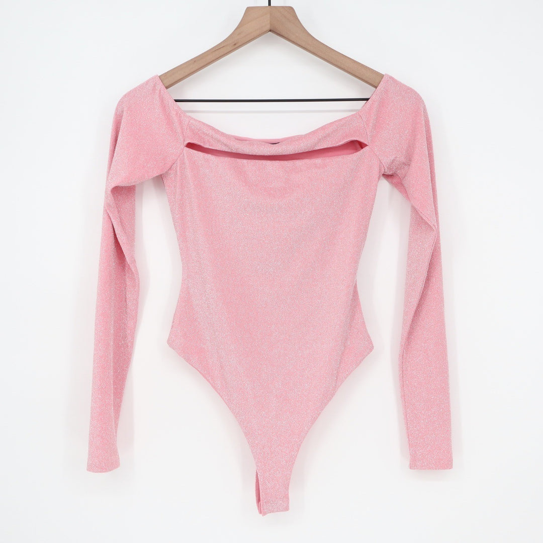 Naked Wardrobe Pink Lurex Metallic Cutout Off Shoulder Bodysuit Small