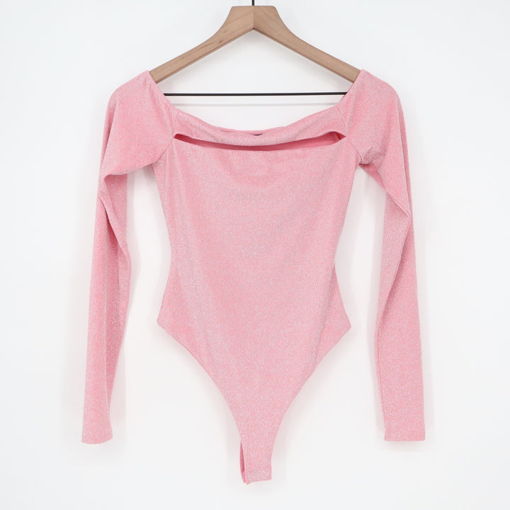 Naked Wardrobe Pink Lurex Metallic Cutout Off Shoulder Bodysuit Small