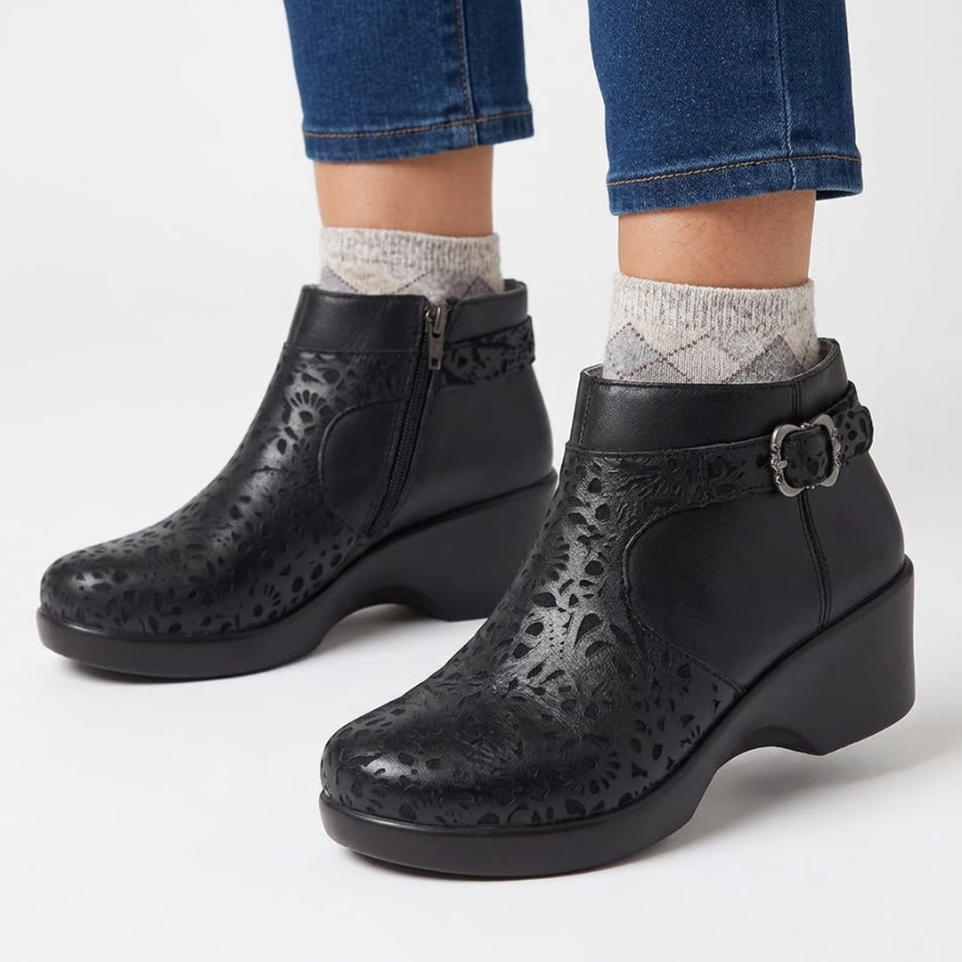 Alegria Cicely Black Leather Laser Cut Floral Ankle Wedge Boots Size 38
