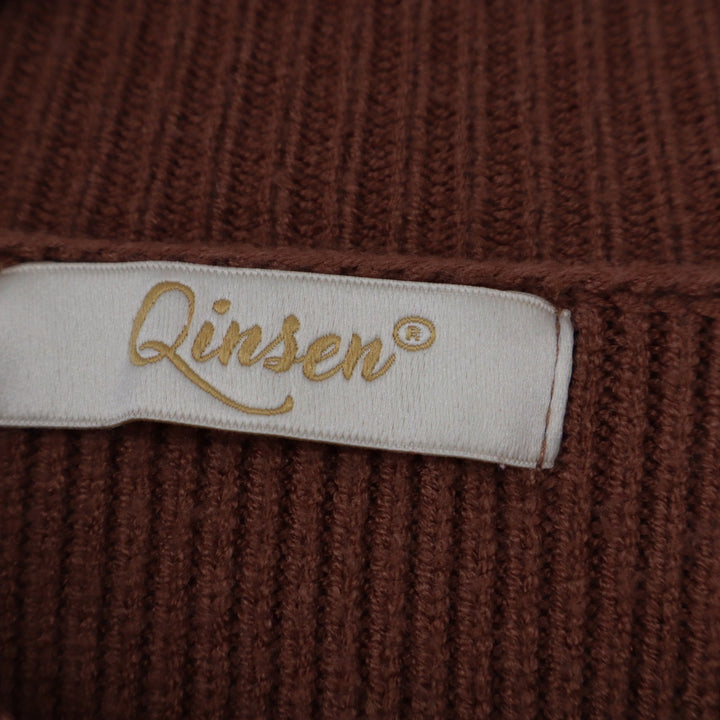 Qinsen Womens Rust Brown Ribbed Mock Neck Cropped Sweater Large
