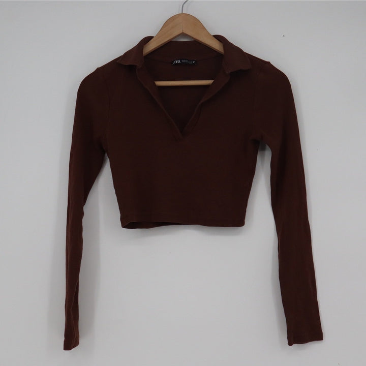 Zara Brown Ribbed Polo Neck Long Sleeve Crop Top V-Neck Size M 10533