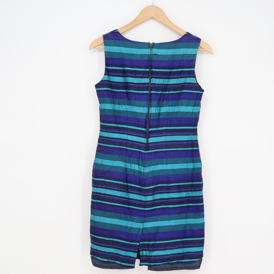 Jessica Howard Petite 100% Silk Striped Sheath Dress Teal Purple Navy Blue 6P