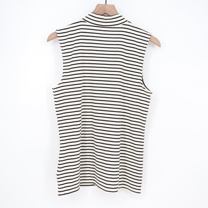 Amazon Essentials Tank Top Womens L Black White Striped Cotton Stretch Mock Neck