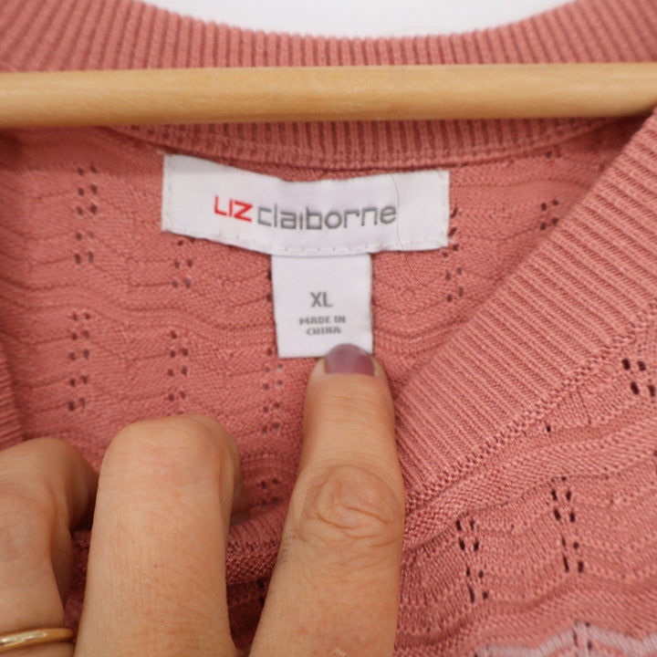 Liz Claiborne Womens XL Pink Blue Chevron Striped Pointelle Knit Sweater Vest