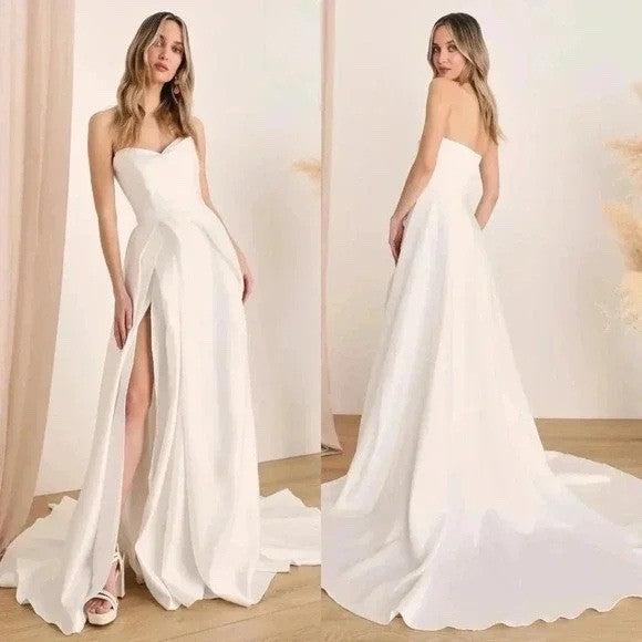Lulus Lifetime of Love White Satin Strapless A-Line Gown Size 6