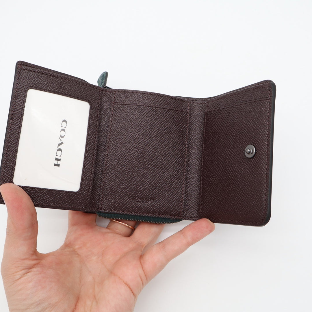 Coach Small Tri-fold Wallet Womens Forest Green Pebbled Leather Zip Coin Pocket