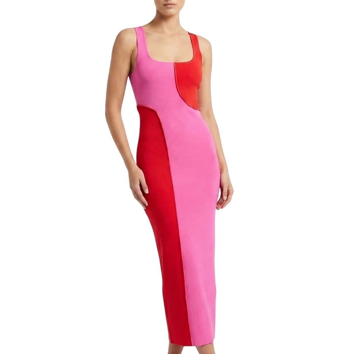 Naked Wardrobe Pink Red Colorblock Ribbed Midi Dress NW-D2400 Size M