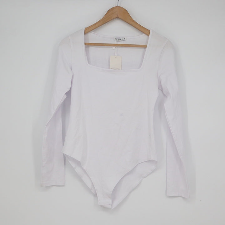 Mangopop White Square Neck Long Sleeve Bodysuit Medium