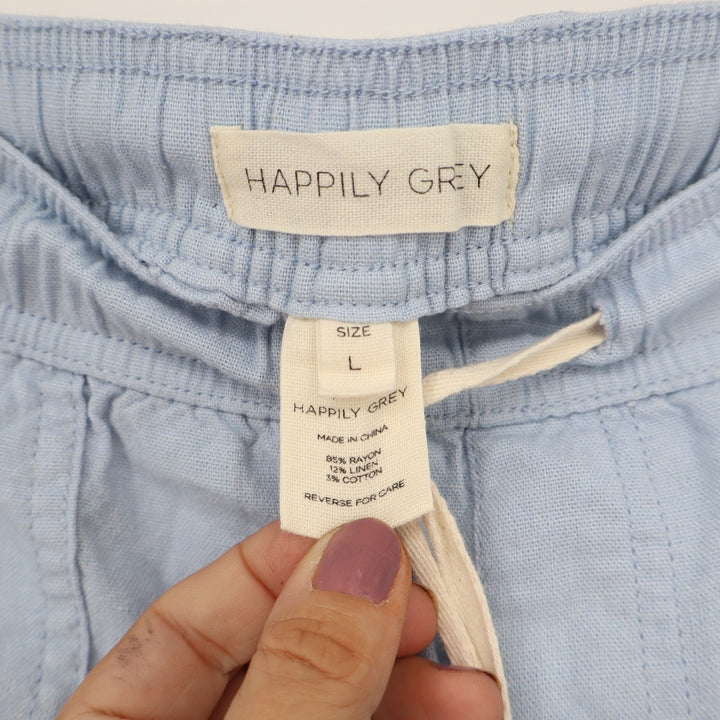 Happily Grey Light Blue Linen Blend Wide Leg Drawstring Pants Large