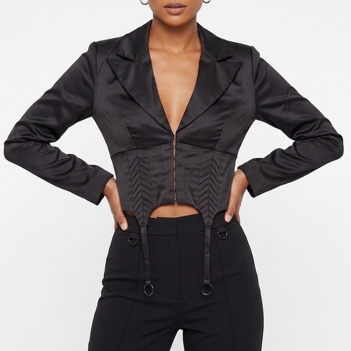 Naked Wardrobe Black Cropped Garter Blazer Corset Waist Womens Small