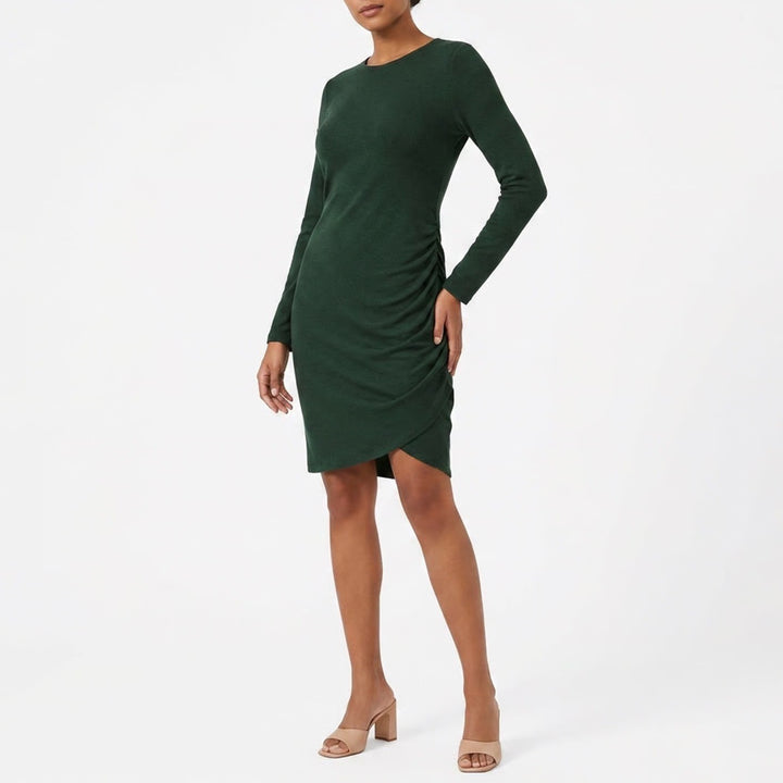 Dark Green Long Sleeve Ruched Side Draped Midi Sheath Dress Mens Size M