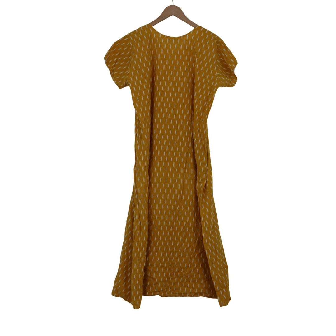 Shafali Mustard Yellow Ikat Print Maxi Dress XL Short Sleeve Zipper Front Kaftan