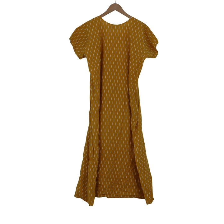 Shafali Mustard Yellow Ikat Print Maxi Dress XL Short Sleeve Zipper Front Kaftan