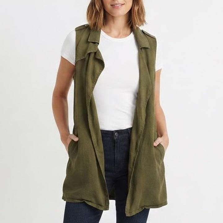 Mi Ami Womens Olive Green Tencel Utility Vest Longline Open Front Size S
