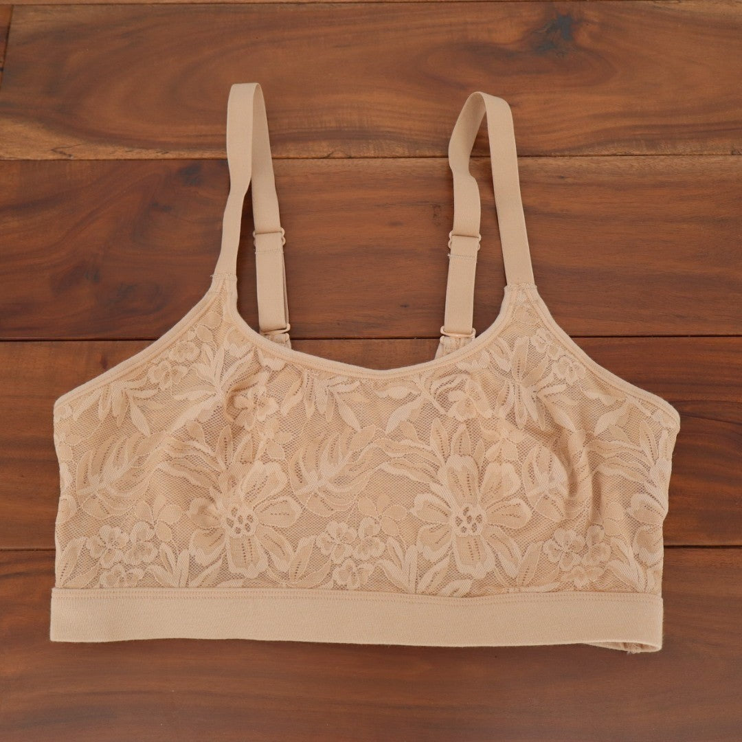 Bali Breathe Cotton Modal Bralette Bra Womens Medium Beige Stretch Lace Overlay