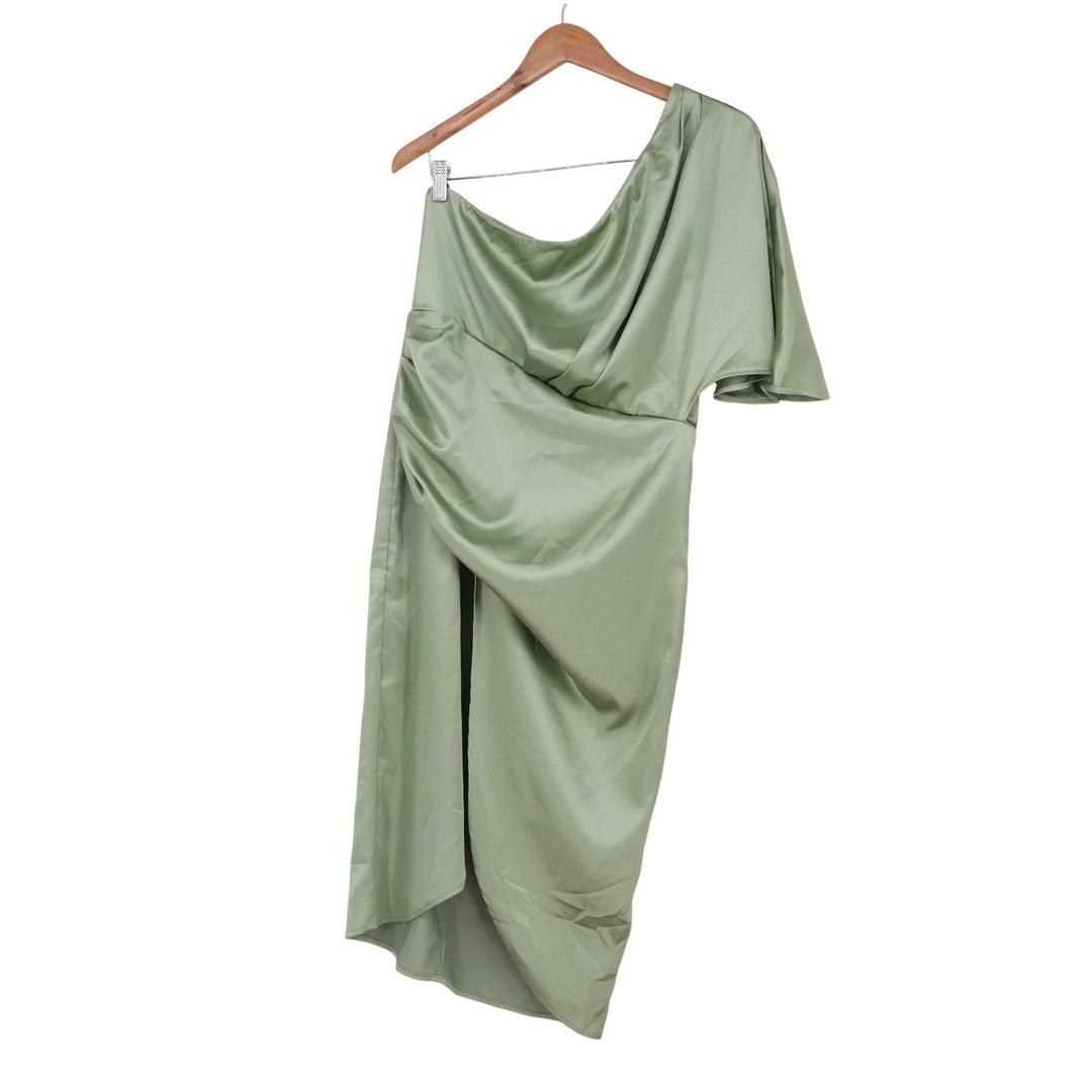 Cupshe Sage Green One Shoulder Satin Midi Dress Asymmetrical Cocktail Size L