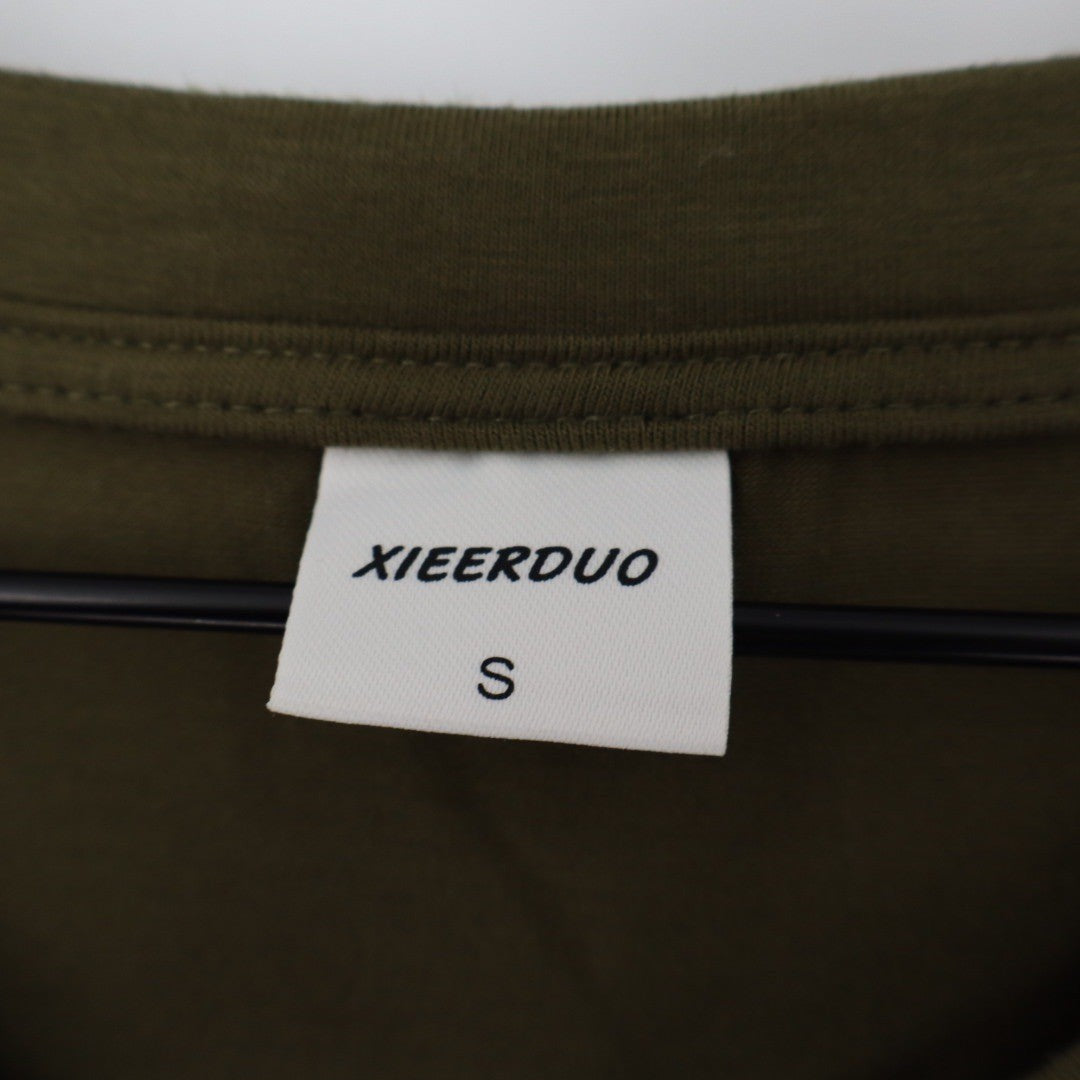 XIEERDUO Olive Green V Neck T Shirt Casual Rolled Sleeve Basic Top Size S