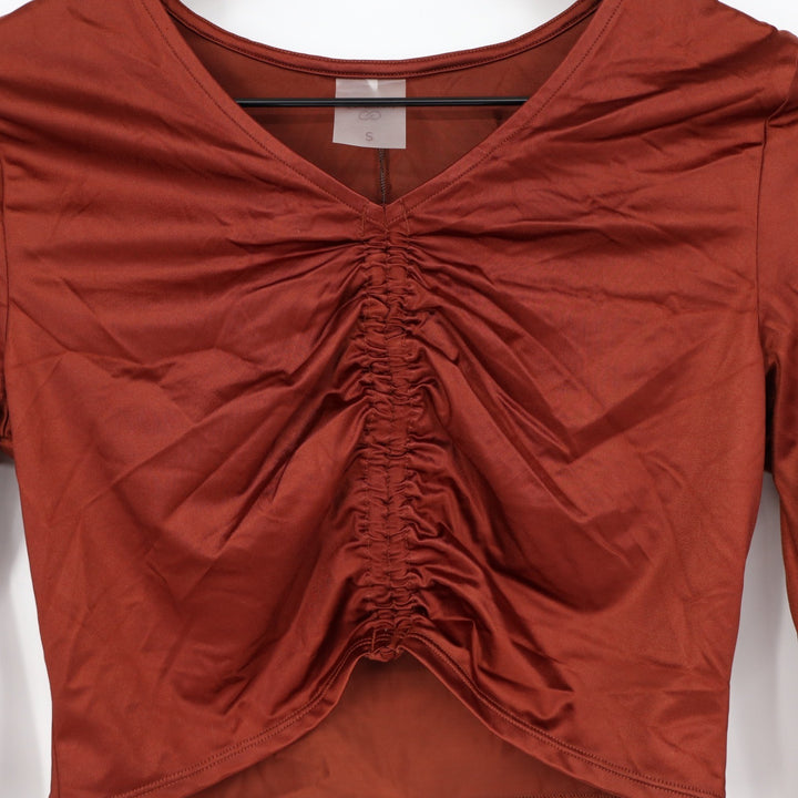Calia Womens Ruched Long Sleeve Rashguard Red Brown Shine UPF 50+ Small NEW