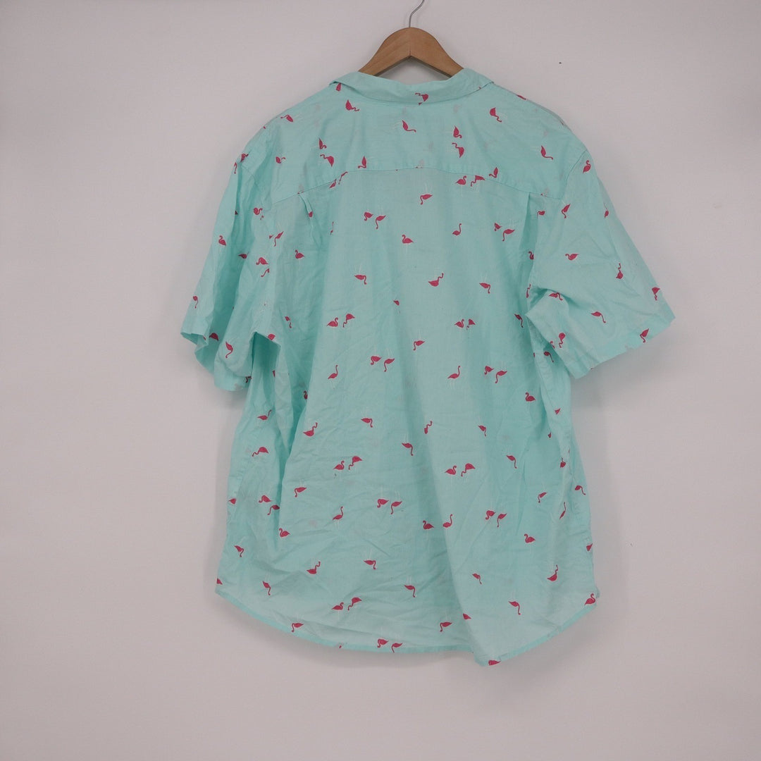 Old Navy Mens Everyday Shirt XL Mint Green Pink Flamingo Print Cotton Button