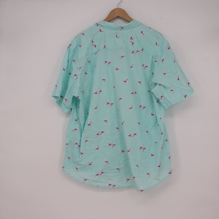 Old Navy Mens Everyday Shirt XL Mint Green Pink Flamingo Print Cotton Button