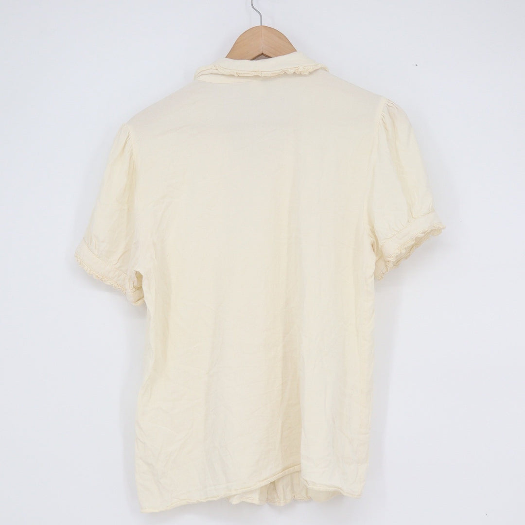 Hot Topic Cream Ruffle Pintuck Blouse Heart Buttons Short Sleeve Top Large