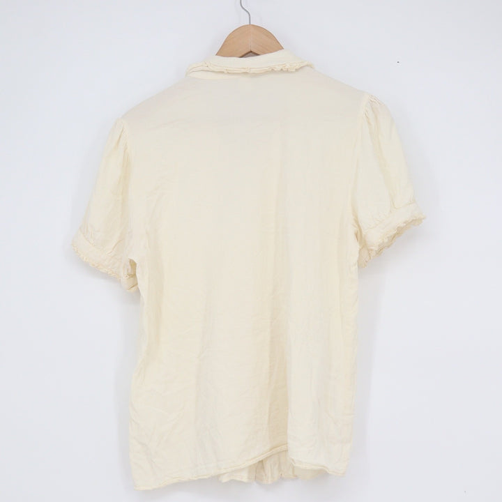 Hot Topic Cream Ruffle Pintuck Blouse Heart Buttons Short Sleeve Top Large